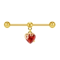 Golden industrial barbell earring with red heart zircon pendant and dripping metal design - Gold/Molten Heart/Red Zircon