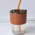 Bamboo-style glass coffee cup with brown leather sleeve and amber straw - Tall Full Set (Amber)