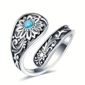 Vintage bohemian flower wrap ring with turquoise stone and adjustable silver finish - US 7