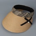 Detail of woven straw sun visor with black bow, geometric band and pearl accent - M (56-58cm) / Khaki