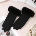 Classic black winter thermal gloves with plush faux fur cuffs and touchscreen fingers - Large Fur Cuff Rabbit Fur / Black