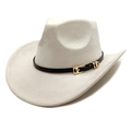 Detailansicht hellgrauer Cowboyhut mit schwarzem Kunstlederband und Goldschnalle - M (56-58cm) / Beige