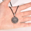 Detailed view of vintage stainless steel compass pendant necklace with black metal chain - Vintage Silver Single Pendant