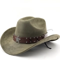 Olive green suede western cowboy hat featuring leather band and silver sheriff star - M (56-58cm) / Army Green