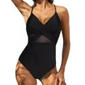 Bañador de una pieza negro sexy con cuello cruzado y paneles de malla transparente - S / Negro