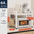 White expandable carbon steel microwave rack with 6 hooks and cutting board holder - 2-Tier Extendable Style-Cream White-With Cutting Board Rack