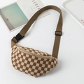 Classic checkered waist bag with brown nylon strap and golden metal zipper detail - 27.5*8*15cm / Brown