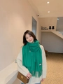 Thick green wool scarf with fringe and brand label worn by model in a cozy setting - 260g Wool Blend Style / Green