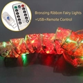 Red Christmas ribbon LED lights with gold stars, USB controller and remote control - Red Bronzing (Multicolor + USB + Remote) / 10m