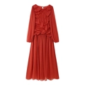 Elegant red long sleeve maxi dress featuring sophisticated pleated texture and slim fit - Orange Red