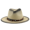 Detailopname van de strohoed met kleurverloop en leren band met zilveren kralen - M (56-58cm) / Beige naar Grijs Zwart Verloop (04)