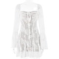 Close-up of white lace mini dress featuring flare sleeves and corset style tie front - S / White