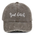 Vintage dark brown distressed baseball cap with white Bad Bitch embroidery and torn details - Distressed Coffee