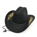 Detail of floral gold embroidery on black suede cowboy hat with adjustable chin strap - M (56-58cm) / Black Gold (Gold Flower Embroidery)