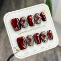 Uñas postizas artesanales color burdeos ojo de gato con gemas y diamantes de imitación - XS / Tipo de Pegamento