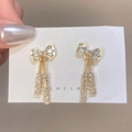 Elegant gold bow earrings with square-cut diamonds and dangling chain tassels - Bowknot Style - KC Gold (9717)