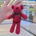 Llavero de oso de peluche rojo tejido a ganchillo con lazo y cadena de bolas - Oso de Rejilla de Piña + Cadena de Bolas / Rojo