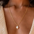 Detailed view of a gold paperclip chain necklace featuring a white baroque pearl pendant - SY317【Gold】-Baroque Pearl Gold Paperclip Chain Necklace