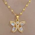 Detail of gold butterfly necklace featuring rectangular zircons and a textured flat chain - Butterfly Pendant Necklace (D123)