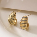 18K gold plated shell earrings with deep blue zircons and spiral texture detail - Gold-Deep Blue Rhinestone (44998)