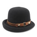 Women's black wool knit bowler hat with brown leather belt and golden H buckle - M (56-58cm) / Black