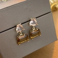 Golden C-shaped earrings with pink triangle and brown rectangular crystals - Silver Pin - Coffee Trapezoid