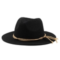 Classic black woven straw fedora hat featuring a brown braided rope decorative band - Black