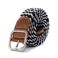 Black and white woven elastic belt with brown leather trim and silver buckle - Black and White
