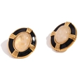 Vintage-Ohrstecker in 18K Gold-Finish mit schwarzer Emaille und beigem Naturstein - Ovale Kreuz Naturstein Ohrstecker - Gold Schwarz