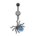 Gothic black spider belly button ring with blue teardrop gemstone and white crystals - Black Spider