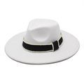 Elegant French wool felt fedora in beige with pearl-studded black ribbon detail - M (56-58cm) / White