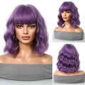 Purple short curly bob wig with bangs showing front side and back views on mannequin - Purple