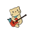 Cartoon enamel pin featuring a cute yellow cat playing a red guitar with a blue bow - Cat Playing Guitar (QHXZ400)