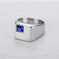 Macro view of a men's titanium steel signet ring with a square blue gemstone inlay - Size 7 / Stainless Steel Silver Color Blue Zirconia
