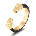 Bracciale da uomo punk con testa di leone in metallo dorato e pelle nera testurizzata - Stile Doppia Testa di Leone / Oro (KB119255-BDJX)