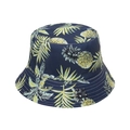 Close-up of navy bucket hat with yellow pineapple prints and reinforced stitched brim - 58cm / Navy Tropical (M)