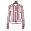 Sheer mesh long sleeve shirt in dusty rose with matching neck tie scarf on model - S / Purple