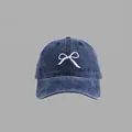 Denim blue baseball cap with white bow embroidery and curved brim for sweet style - Washed Cotton Bow Baseball Cap Style / Navy Blue