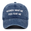 Front view of retro washed denim baseball cap with funny fishing embroidery detail - One Size(Adjustable) / Navy Blue