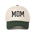 Detail of MOM letter embroidery on a retro contrast color baseball trucker hat - Adjustable / Off-White and Army Green