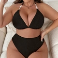 Dettaglio bikini a coste nero con spalline in perle e slip a vita alta elegante - 0XL / Nero