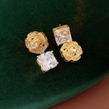Detail of vintage gold earrings with zircon square stones and rose design on green velvet - Gold Camellia Flower Square Zirconia Earring Post (13#) / Silver Needle / Gold/White