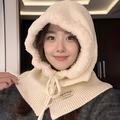 Winter knitted balaclava hood in cream beige with soft plush trim and front ties - Off White (Hat Only)