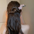 Chinese style wood hair pin with pink flowers and pearls on a model's hair - Hairpin #141 - Pink - Brown