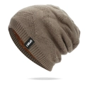 Men's winter knit beanie in coffee brown featuring soft fleece lining and sport tag - One Size / Khaki