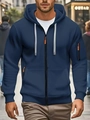 Detail of navy blue zip-up hoodie with grey drawstrings and orange zipper accent - S / Navy Blue