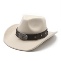 Detail of wool cowboy hat with leather band, metallic bull head and star studs - M(56-58cm) / Beige