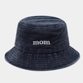 Close-up of MOM embroidery on washed cotton denim bucket hat with white stitching details - M (56-58cm) / Navy Blue