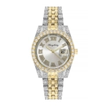 Montre femme à quartz bicolore argent et or ornée de cristaux avec guichet date - Blanc