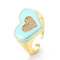 Adjustable gold open ring with light blue enamel heart and sparkling zircon inlay - Adjustable Open / Light Blue